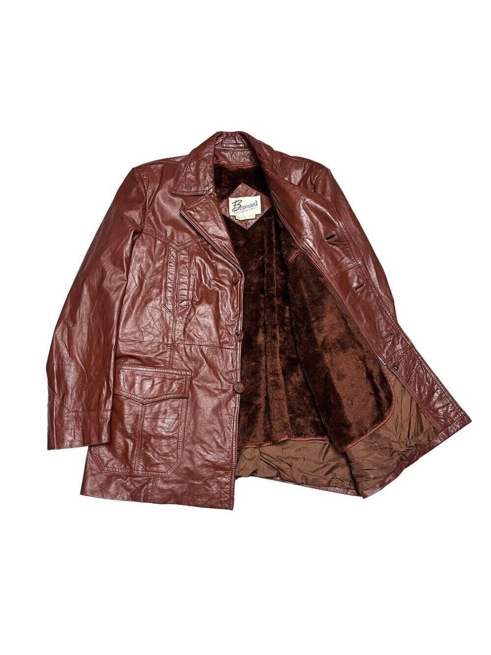 VINTAGE Bermans 100% LEATHER Brown Faux Fur Fleece Lined Luxury Jacket Mens L